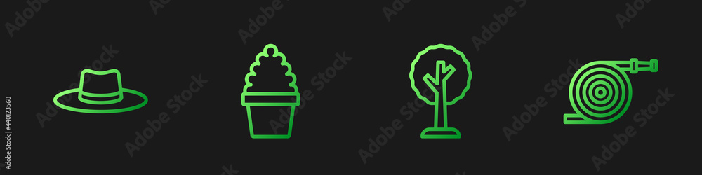 Set line Forest，Gardener worker hat，Cactus peyote in pot and hose。渐变色图标。Vector