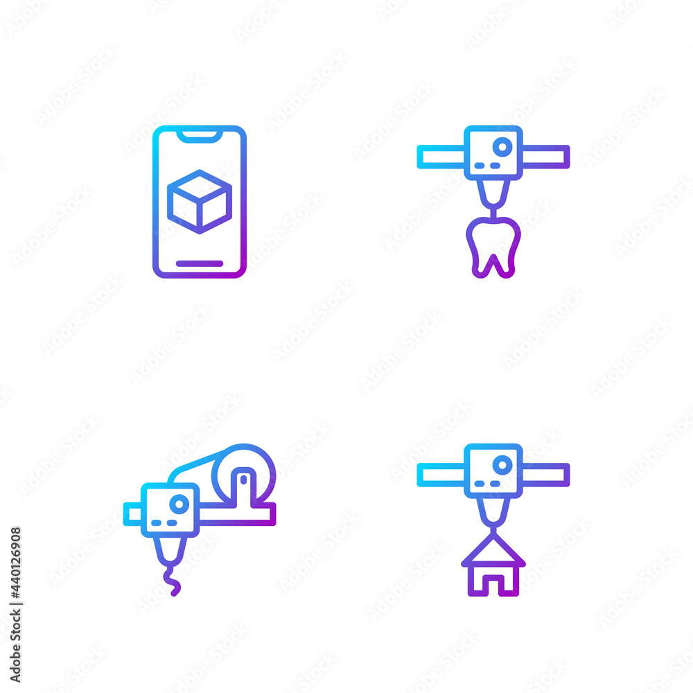 设置线3D打印机房屋、软件和牙齿。渐变色图标。矢量