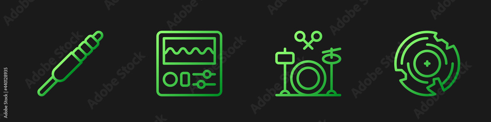 Set line Drums, Audio jack, machine and Vinyl disk. Gradient color icons. Vector