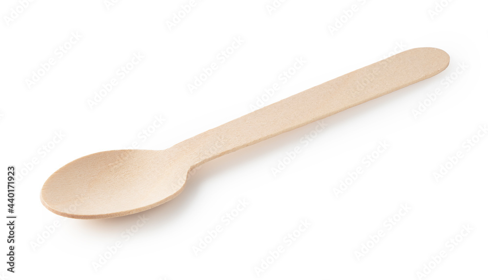 Disposable wooden spoon placed on a white background