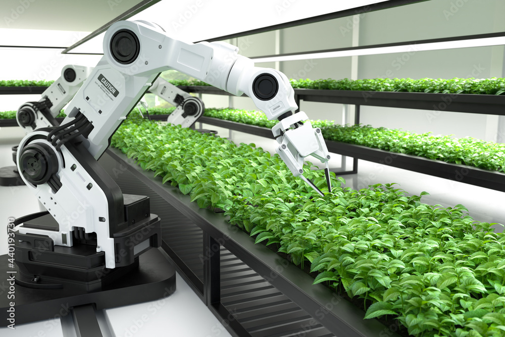 Smart robotic farmers concept, robot farmers, Agriculture technology, Farm automation