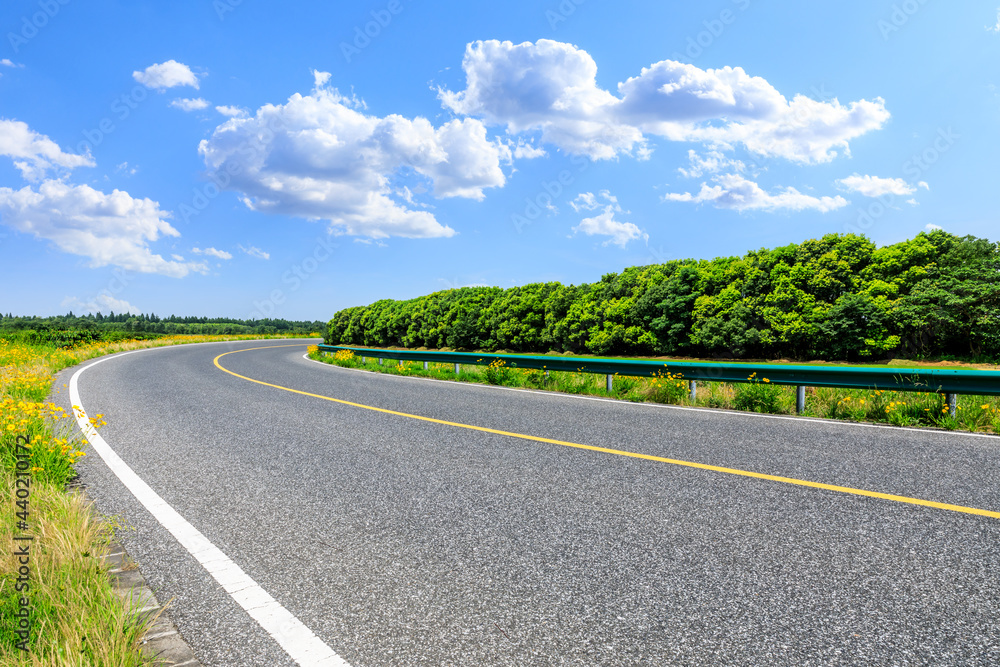 沥青路和绿色森林的自然风光。高速公路和自然背景。