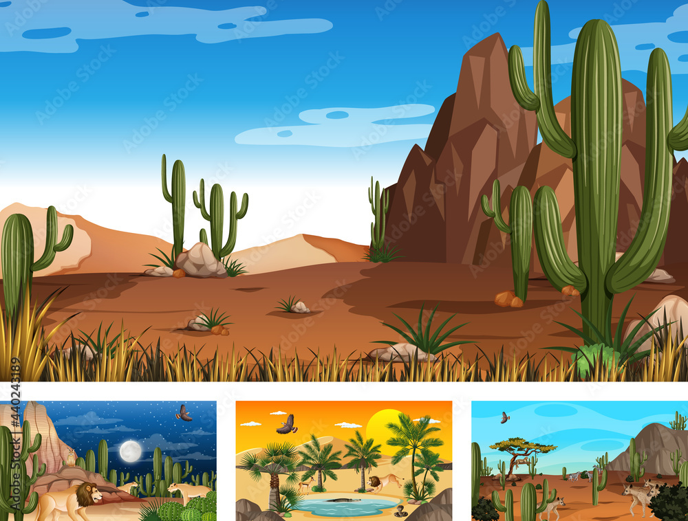 Different scenes with desert forest landscape with animals and plants