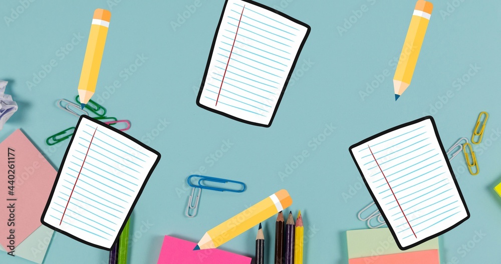 Composition of notebook pages and yellow pencils floating over desk with stationery