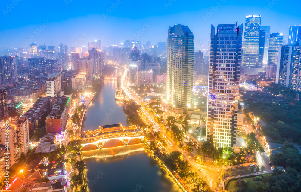 航拍四川成都城市建筑景观天际线夜景