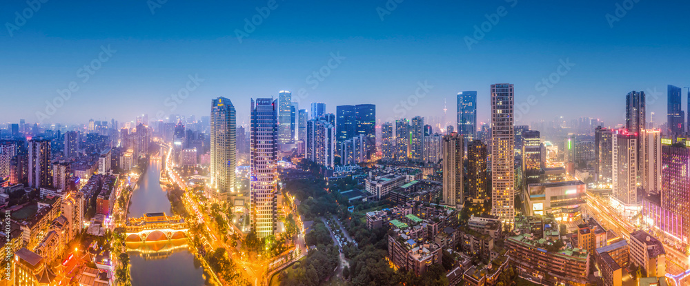 航拍四川成都城市建筑景观天际线夜景