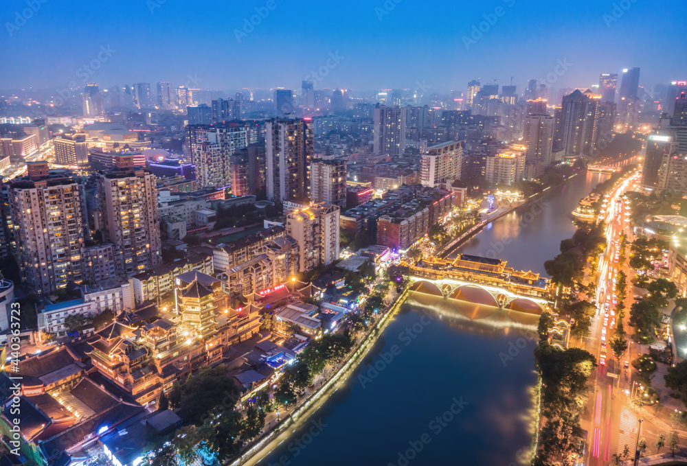 航拍四川成都城市建筑景观天际线夜景