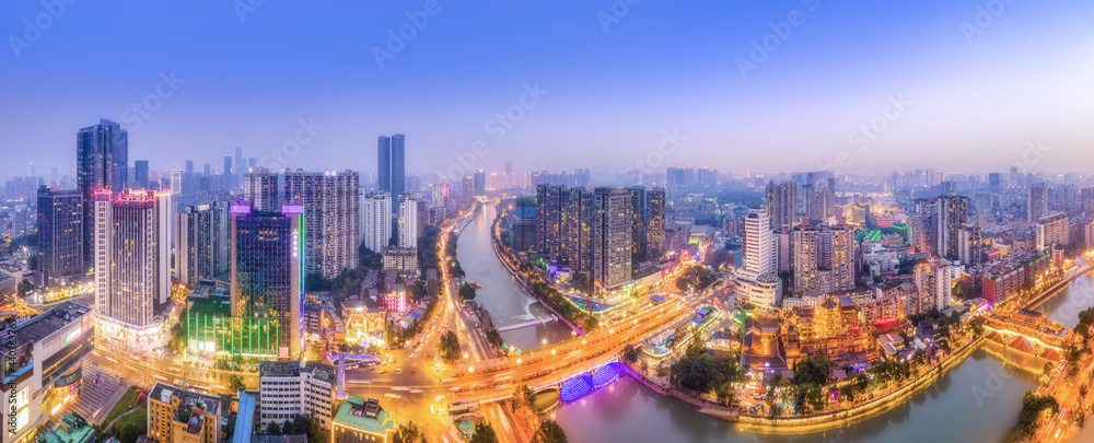 航拍四川成都城市建筑景观天际线夜景