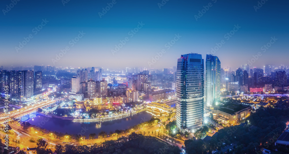 航拍四川成都城市建筑景观天际线夜景