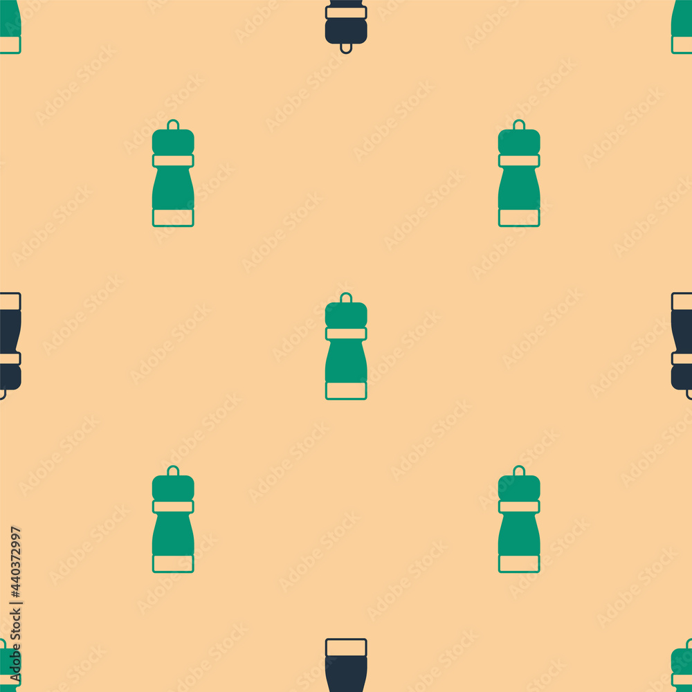 Green and black Pepper icon isolated seamless pattern on beige background. Cooking spices. Vector