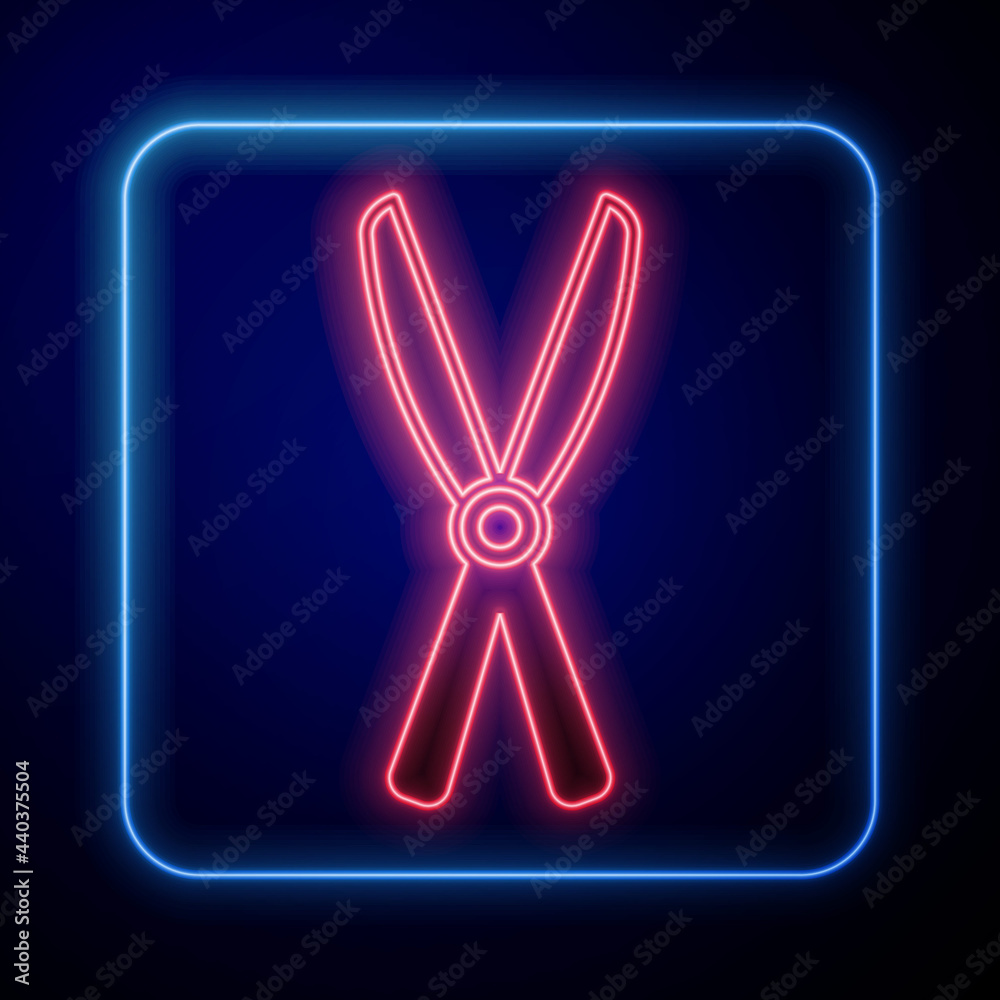 Glowing neon Gardening handmade scissors for trimming icon isolated on black background. Pruning she