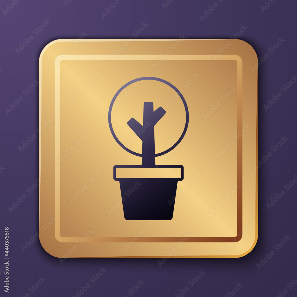 Purple Tree icon isolated on purple background. Forest symbol. Gold square button. Vector