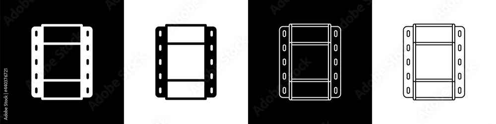 设置在黑白背景上隔离的播放视频图标。胶片条形符号。矢量