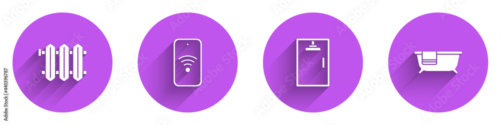 设置加热散热器，带无线网络的移动设备，带长阴影的淋浴间和浴缸图标。Ve