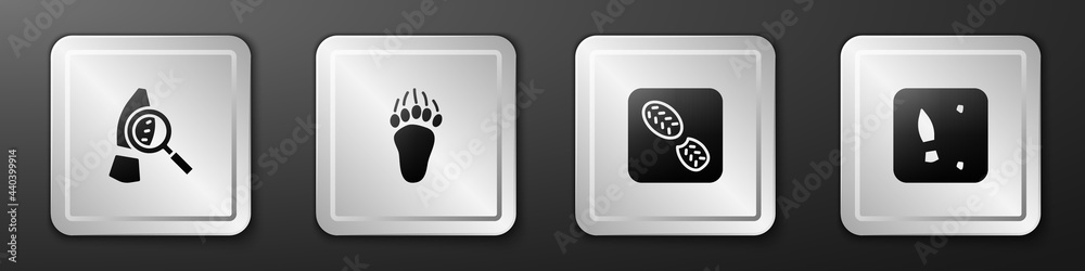 Set Magnifying glass with footsteps, Bear paw footprint, Human footprints shoes and icon. Silver squ