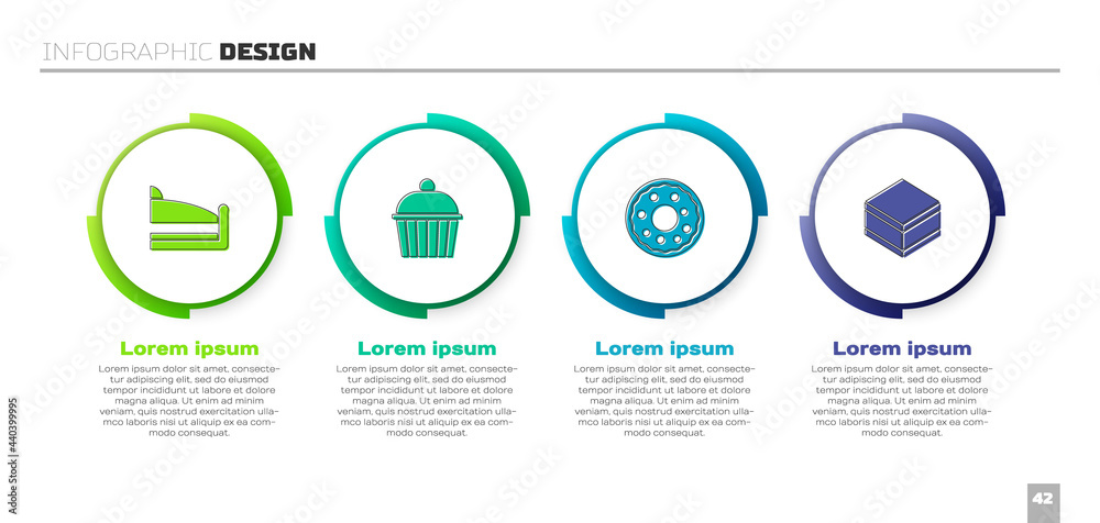 套装蛋糕、蛋糕、甜甜圈和布朗尼巧克力。商业信息图模板。矢量