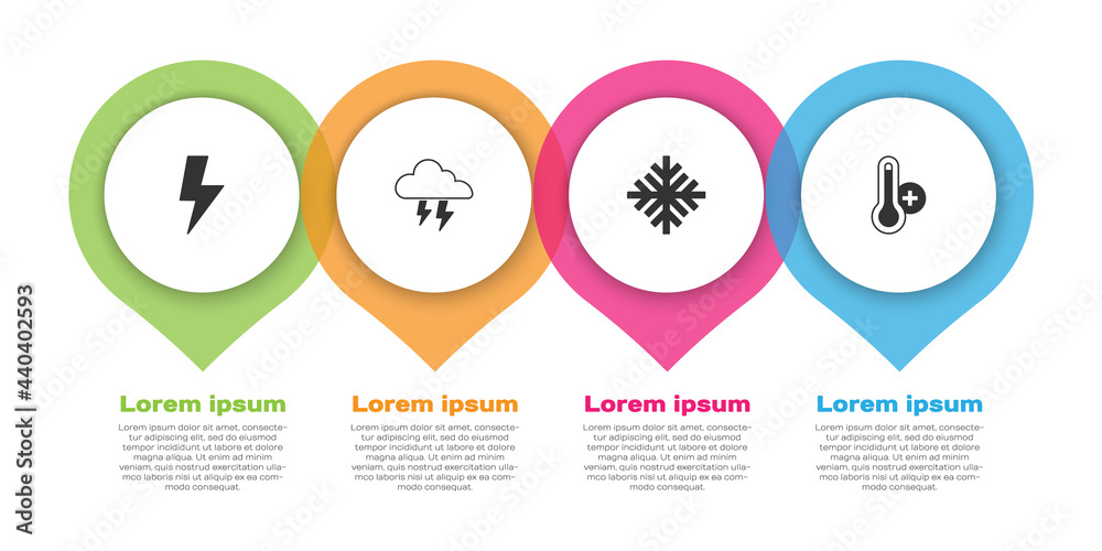设置闪电、风暴、雪花和气象温度计。商业信息图模板.Vec