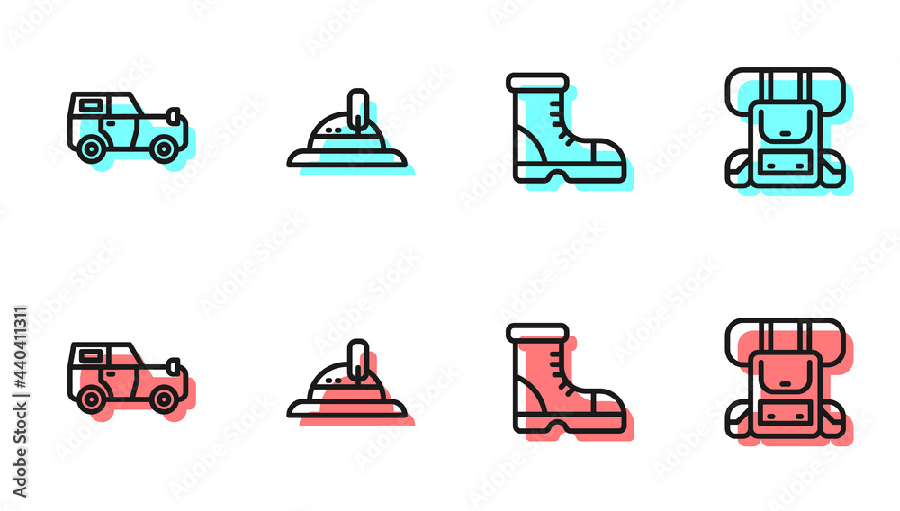 套装猎人靴，越野车，帽子和徒步背包图标。矢量