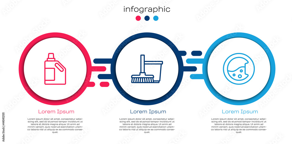 用于清洗剂、拖把、水桶和洗衣机的设置线瓶。商业信息图模板。Vector