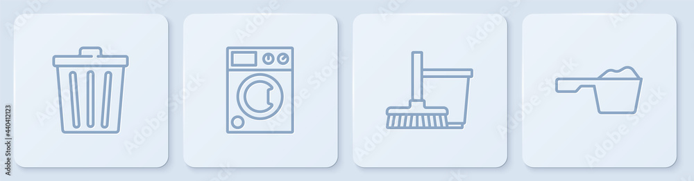 设置线垃圾桶、拖把和水桶、洗衣机和洗衣粉。白色方形按钮。矢量
