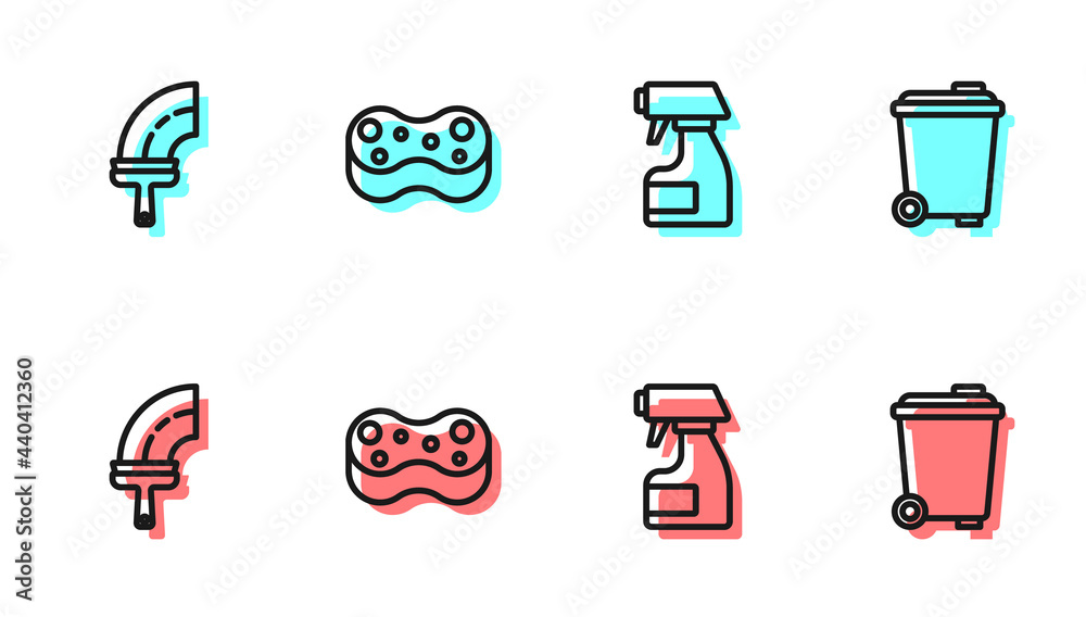 Set line Cleaning spray bottle, Rubber cleaner for windows, Sponge and Trash can icon. Vector