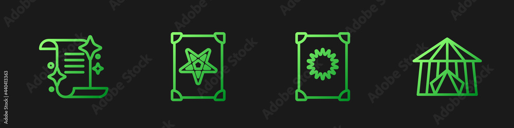 Set line Ancient magic book, , and Circus tent. Gradient color icons. Vector