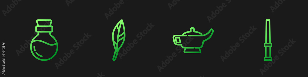 Set line Magic lamp or Aladdin, Bottle with potion, feather and wand. Gradient color icons. Vector