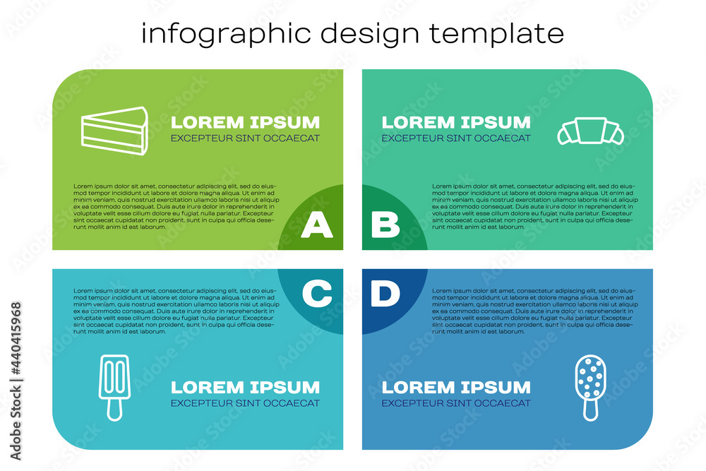 套装冰淇淋、蛋糕和羊角面包。商业信息图模板。矢量