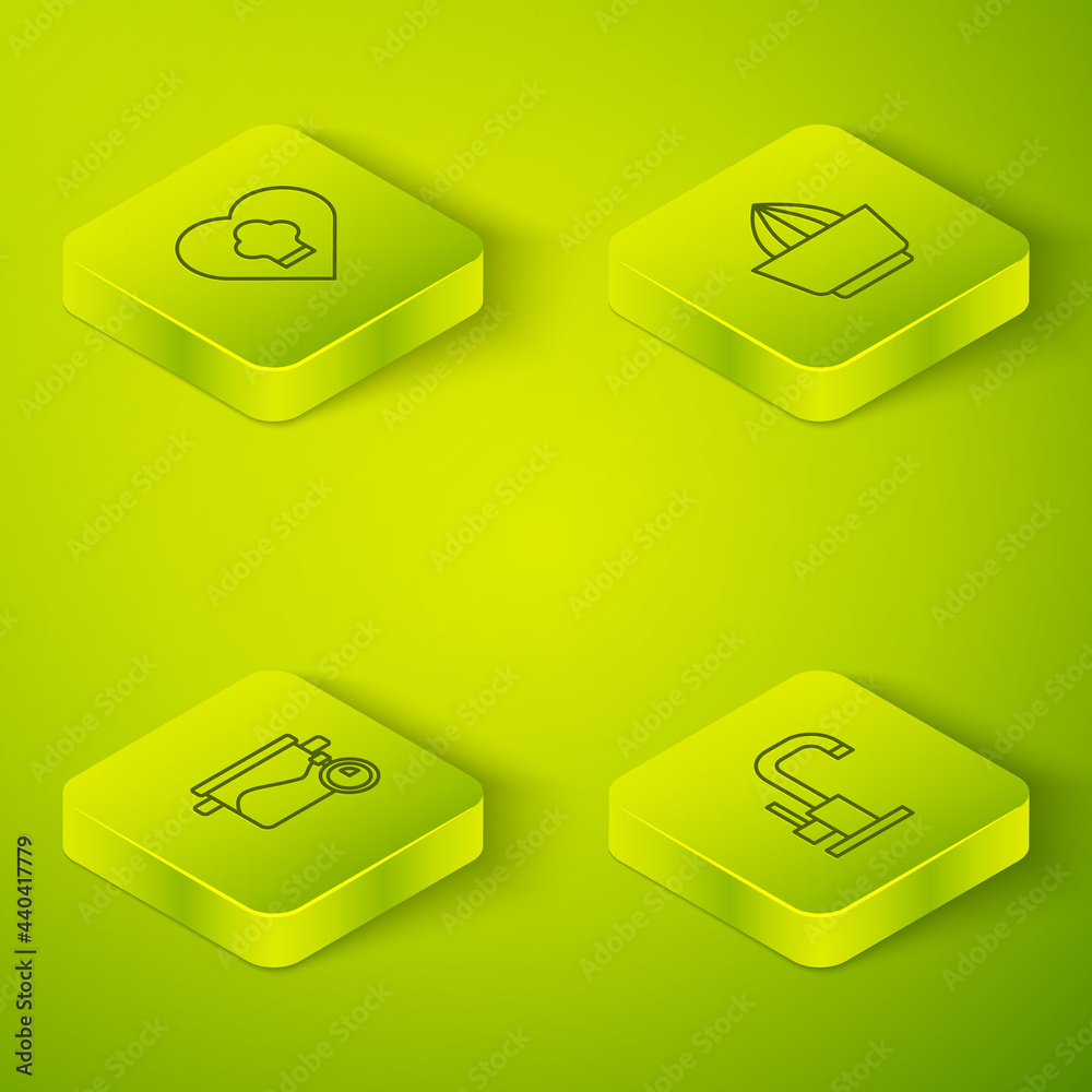 Set Isometric line Citrus fruit juicer, Cooking pot, Water tap and Chef hat icon. Vector