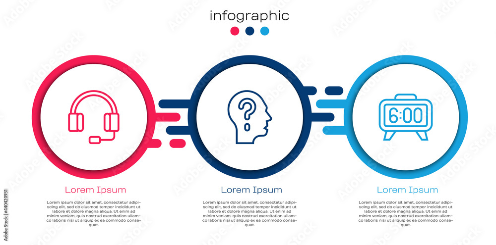 设置线路耳机，带问号和数字闹钟。商业信息图模板。Vect