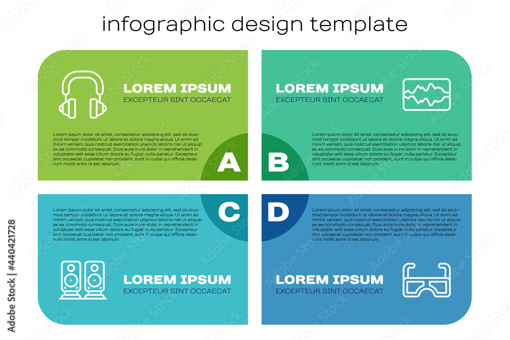 设置立体声扬声器、耳机、眼镜和音乐均衡器。商业信息图模板