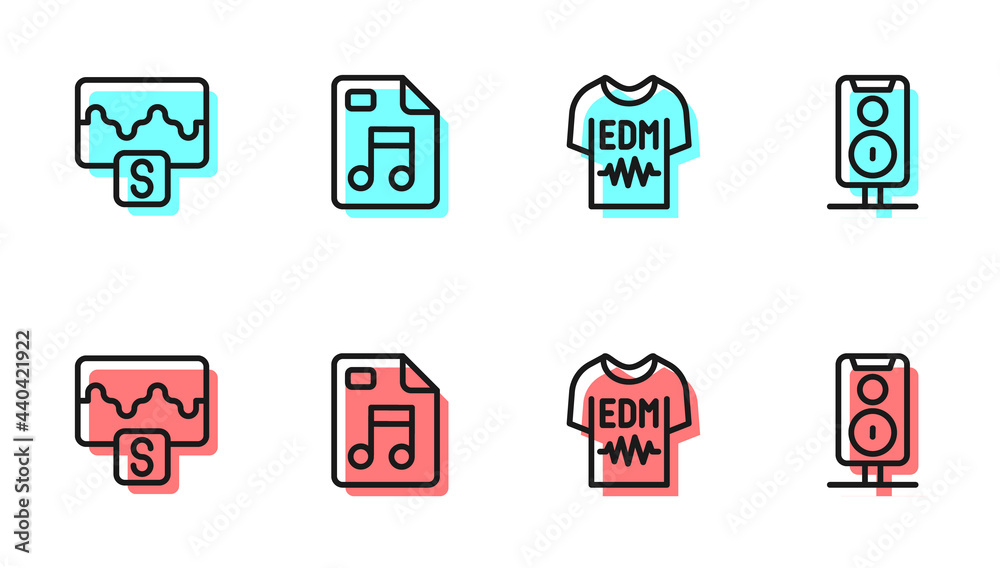 Set line T-shirt, Music wave equalizer, MP3 file document and Stereo speaker icon. Vector