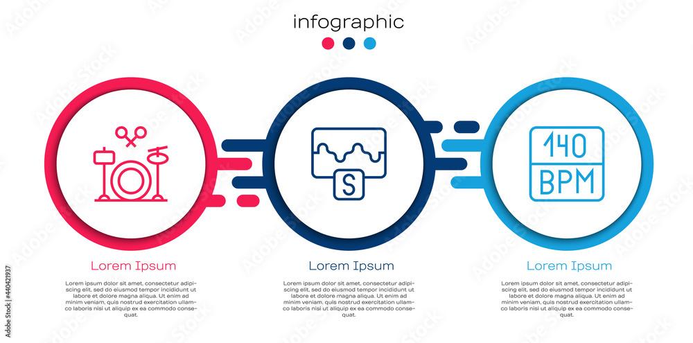 Set line Drums, Music wave equalizer and Bitrate. Business infographic template. Vector