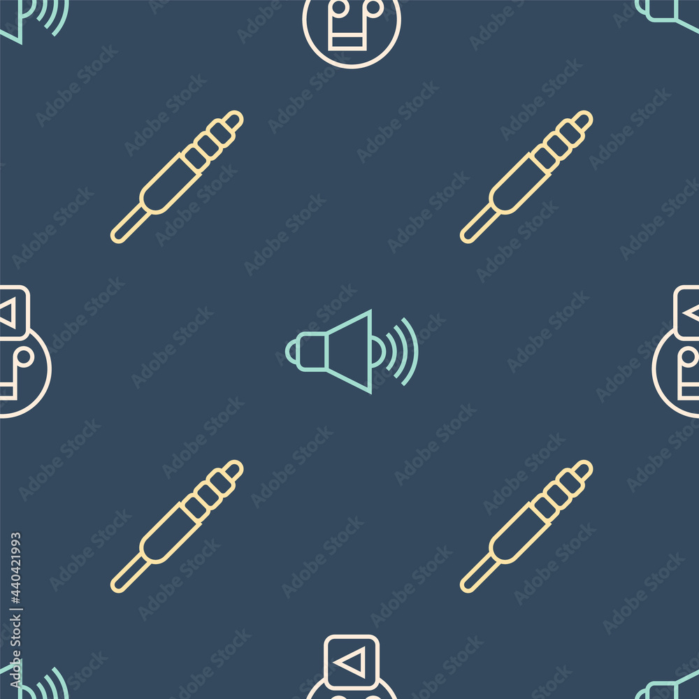 Set line Play in square, Audio jack and Speaker volume on seamless pattern. Vector