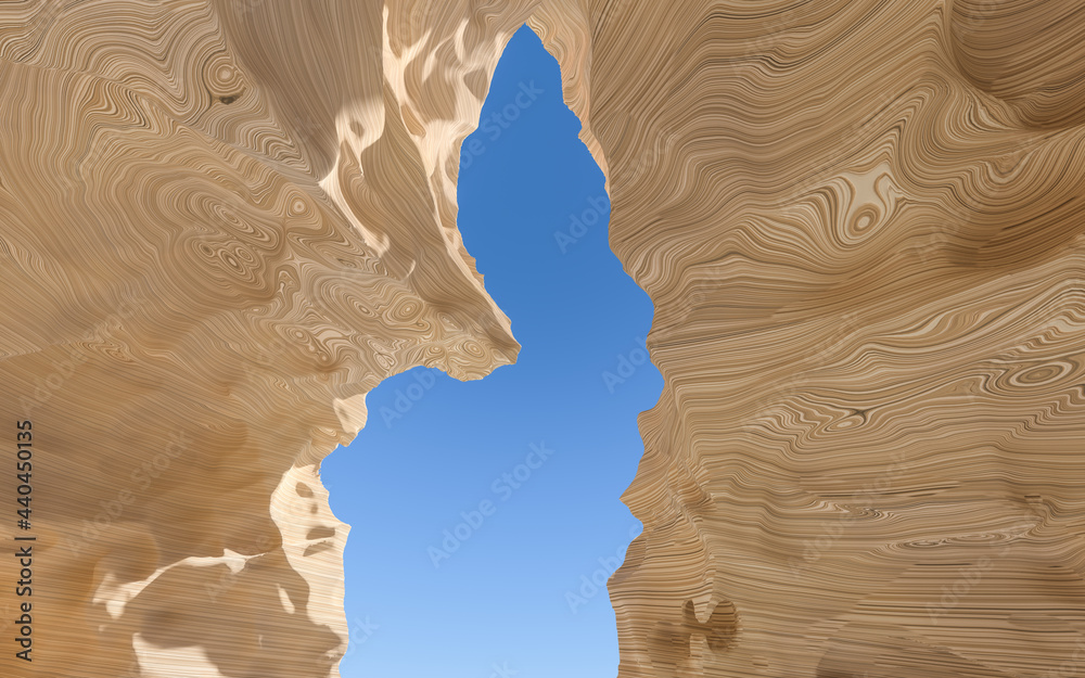 狭窄的岩石峡谷，山谷风景，三维渲染。