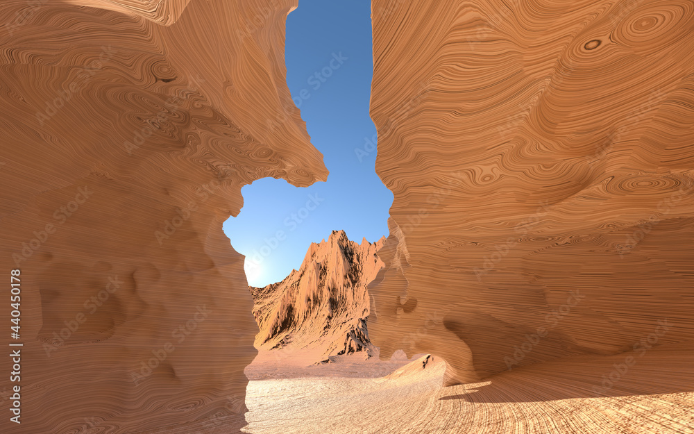 Narrow rock gorge, valley scenery, 3d rendering.