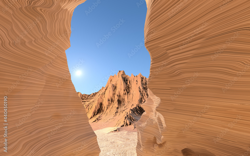 Narrow rock gorge, valley scenery, 3d rendering.