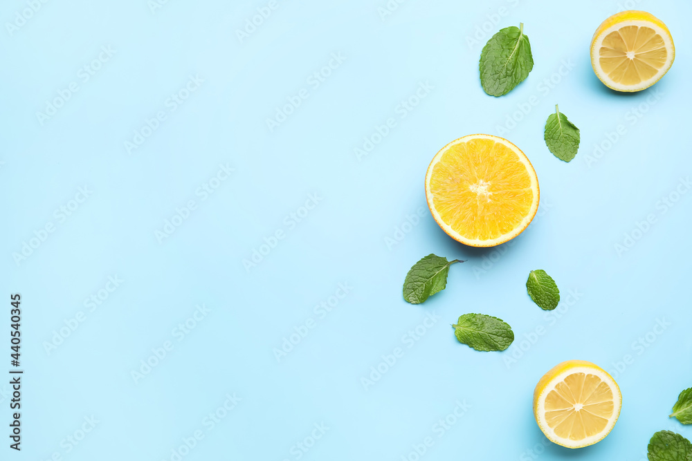 Healthy citrus fruits on color background