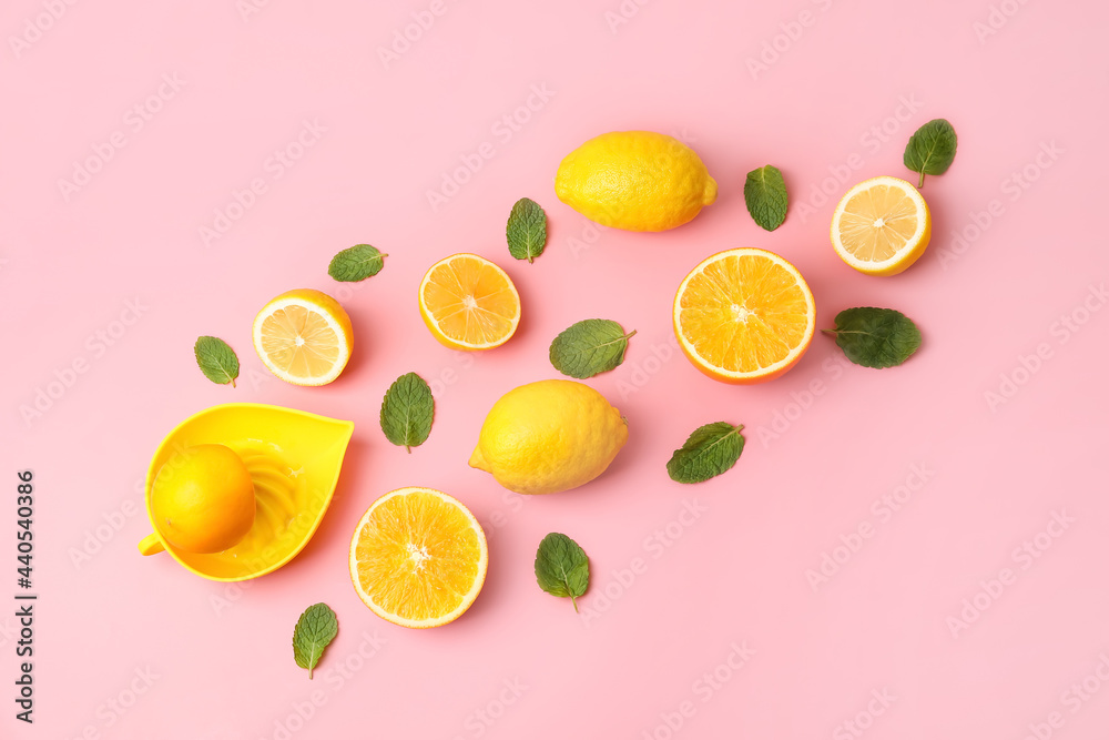 Healthy citrus fruits on color background