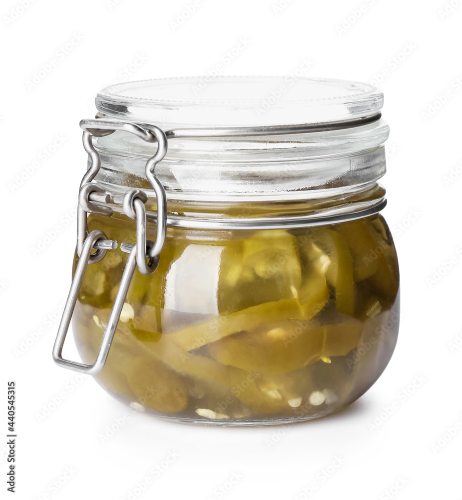 Glass jar with canned jalapeno on white background