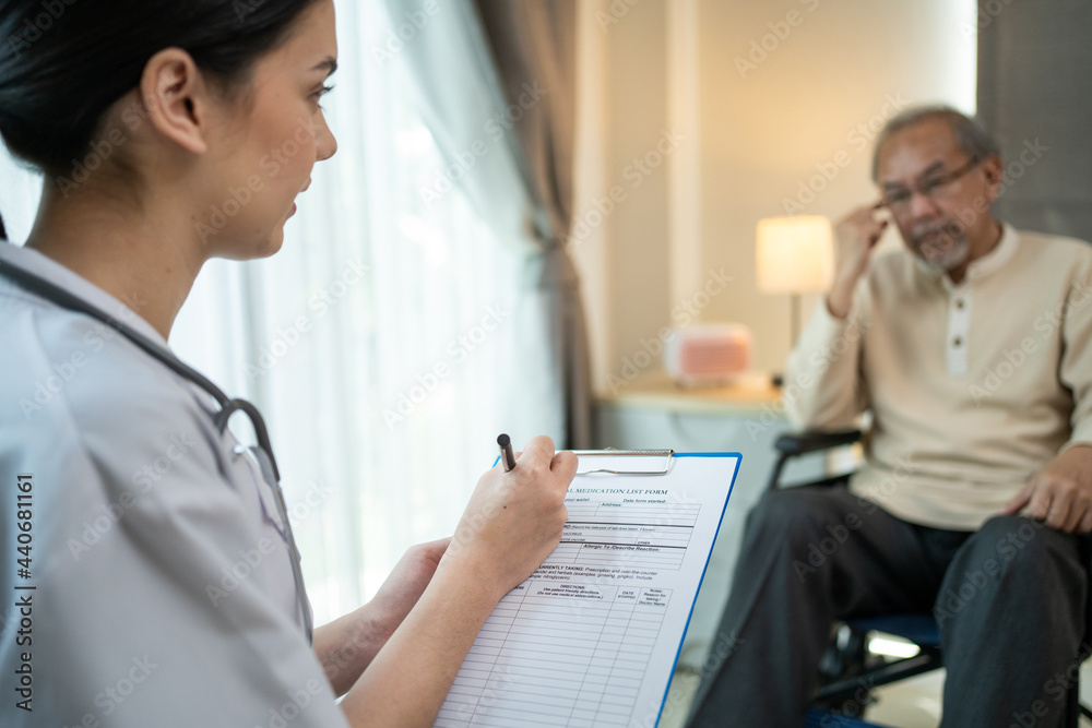 Asian Psychologist doctor listen old man patients problem in hospital