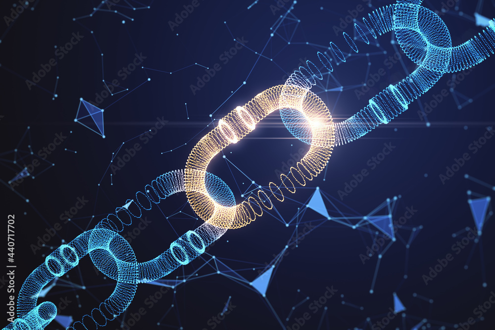 区块链安全数字技术概念，在黑暗背景下拥有发光的蓝色数字链。3D
