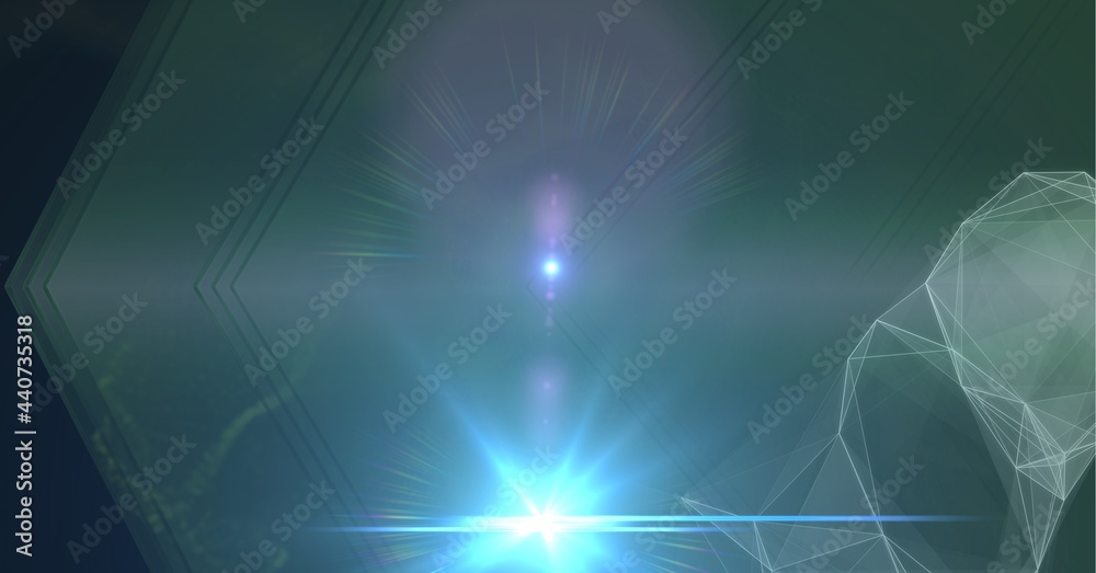 Digitally generated image of spot of light against 3d structures against blue technology background