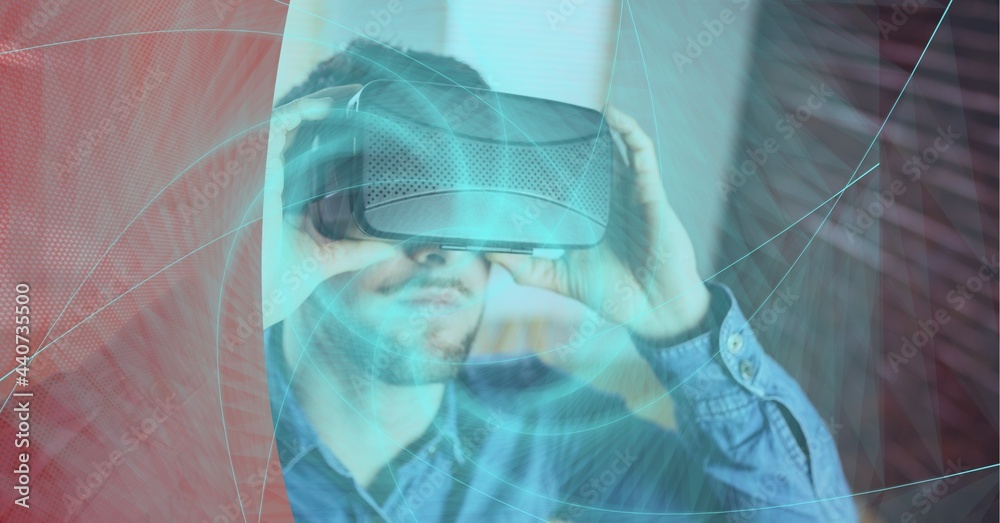 Neon blue digital wave over man wearing vr headset against red technology background