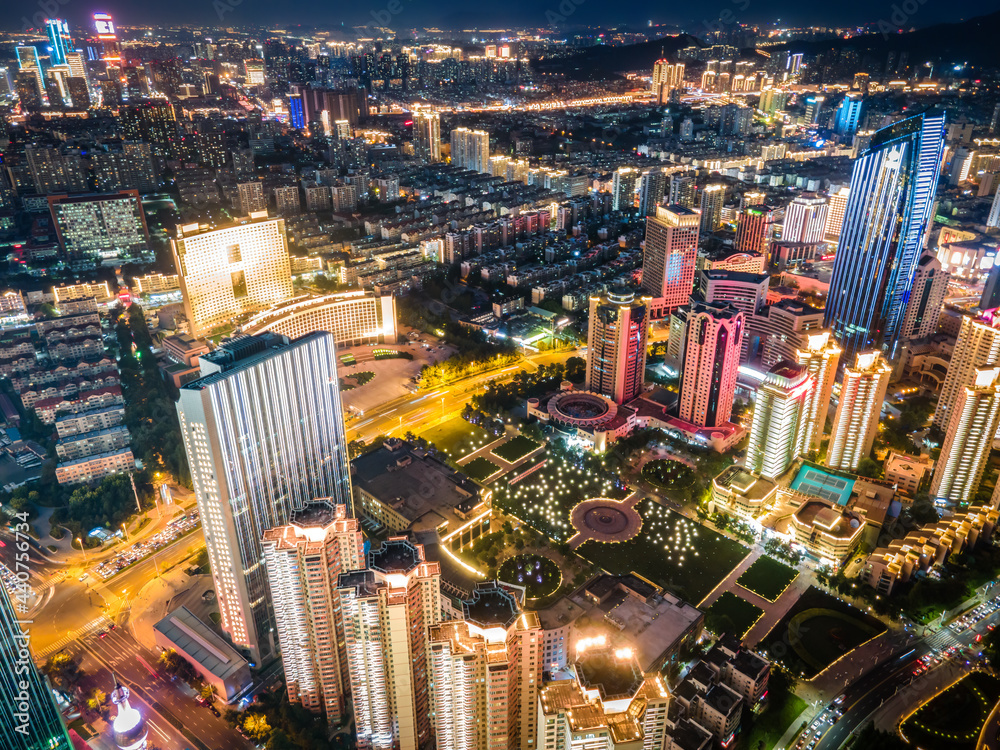 航拍青岛市海岸线建筑景观夜景