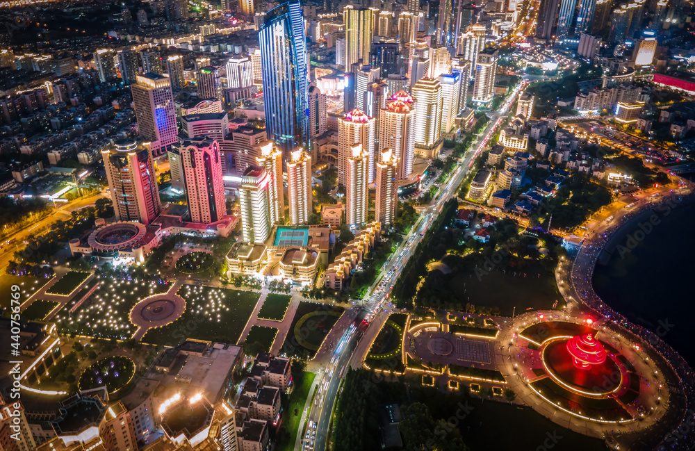 航拍青岛市海岸线建筑景观夜景