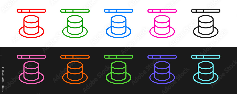 将魔术帽和魔杖图标设置在黑白背景上。魔术。神秘入口