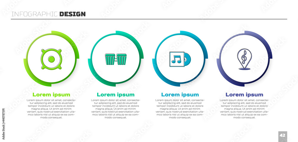 设置立体声扬声器、鼓、乙烯基唱片和高音谱号。商业信息图模板。矢量