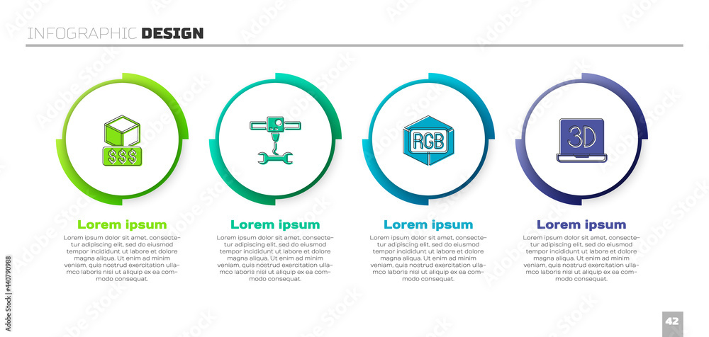 设置3D打印机服务、扳手、RGB和CMYK颜色混合和.Business infographic templa