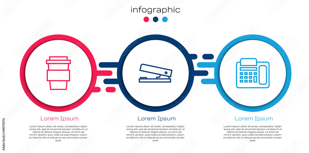 设置行式咖啡杯、办公室订书机和电话。商业信息图模板。矢量